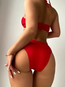 Bikini halter sólido para playa en verano - Rojo - Ver 2