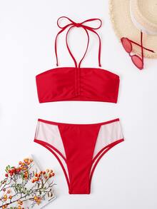 Bikini halter sólido para playa en verano - Rojo - Ver 5