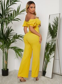 SHEIN SXY Off Shoulder Ruched Bust Belted Jumpsuit - Yellow - View 2