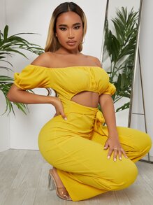SHEIN SXY Off Shoulder Ruched Bust Belted Jumpsuit - Yellow - View 3