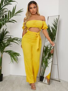 SHEIN SXY Off Shoulder Ruched Bust Belted Jumpsuit - Yellow - View 4