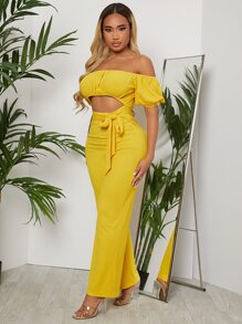 SHEIN SXY Off Shoulder Ruched Bust Belted Jumpsuit - Yellow - View 5