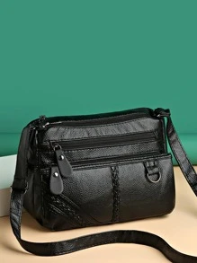 PU 多口袋斜挎包纯色多层复古挎包