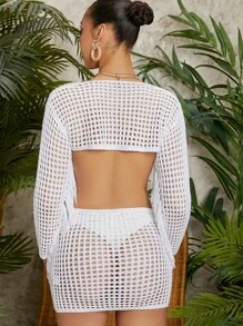 O 形环镂空抽绳前钩针罩衫（无内裤），适合夏季海滩度假 - 白色 - 查看 2