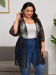 Plus Sheer Lace Kimono - Black - View 1