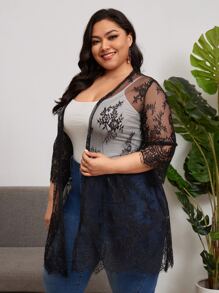 Plus Sheer Lace Kimono - Black - View 3