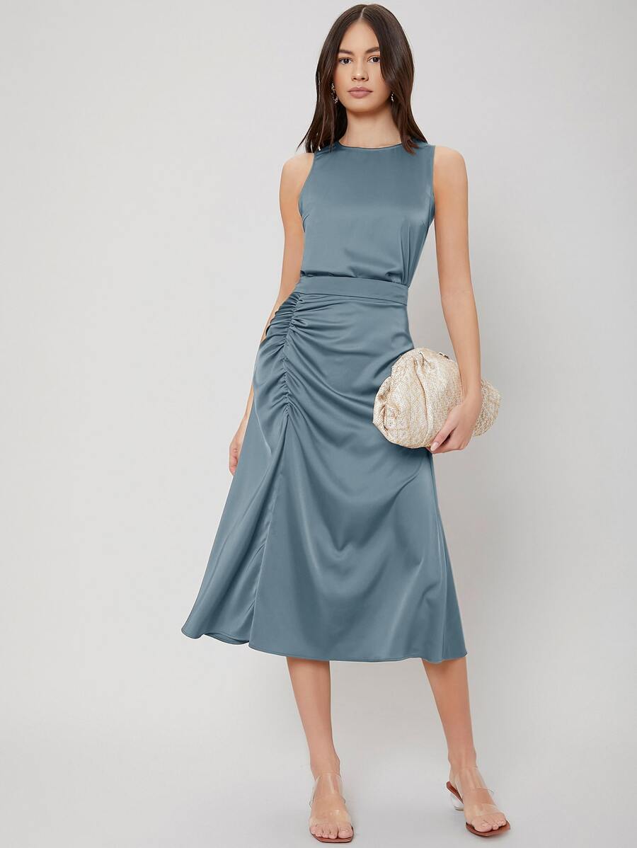 MOTF PREMIUM 貼身吊帶背心和褶邊半身裙 - 霧霾藍 - 查看 1