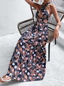 Baroque & Chain Print O-ring Cutout Cross Wrap Backless Dress - Multicolor - View 5