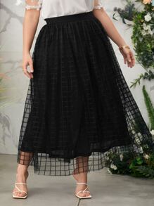 SHEIN CURVE+ 加大尺寸彈性腰雙層網格格紋黑色A字裙 - 黑色 - 查看 1
