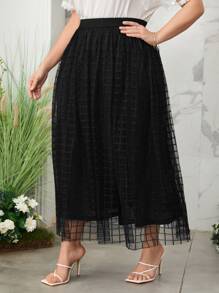 SHEIN CURVE+ 加大尺寸彈性腰雙層網格格紋黑色A字裙 - 黑色 - 查看 4