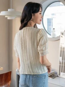 DAZY Contrast Lace V-neck Puff Sleeve Blouse - Beige - View 2