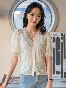 DAZY Contrast Lace V-neck Puff Sleeve Blouse - Beige - View 5