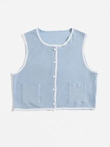 Contrast Binding Pocket Front Sweater Vest - Baby Blue - View 1