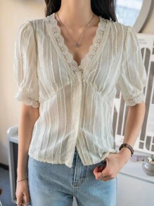 DAZY Contrast Lace V-neck Puff Sleeve Blouse - Beige - View 3