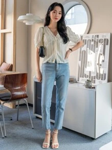 DAZY Contrast Lace V-neck Puff Sleeve Blouse - Beige - View 4