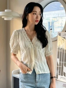 DAZY Contrast Lace V-neck Puff Sleeve Blouse - Beige - View 6