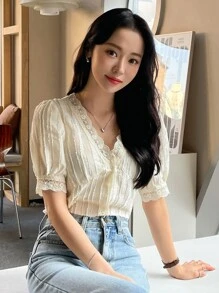 DAZY Contrast Lace V-neck Puff Sleeve Blouse - Beige - View 9