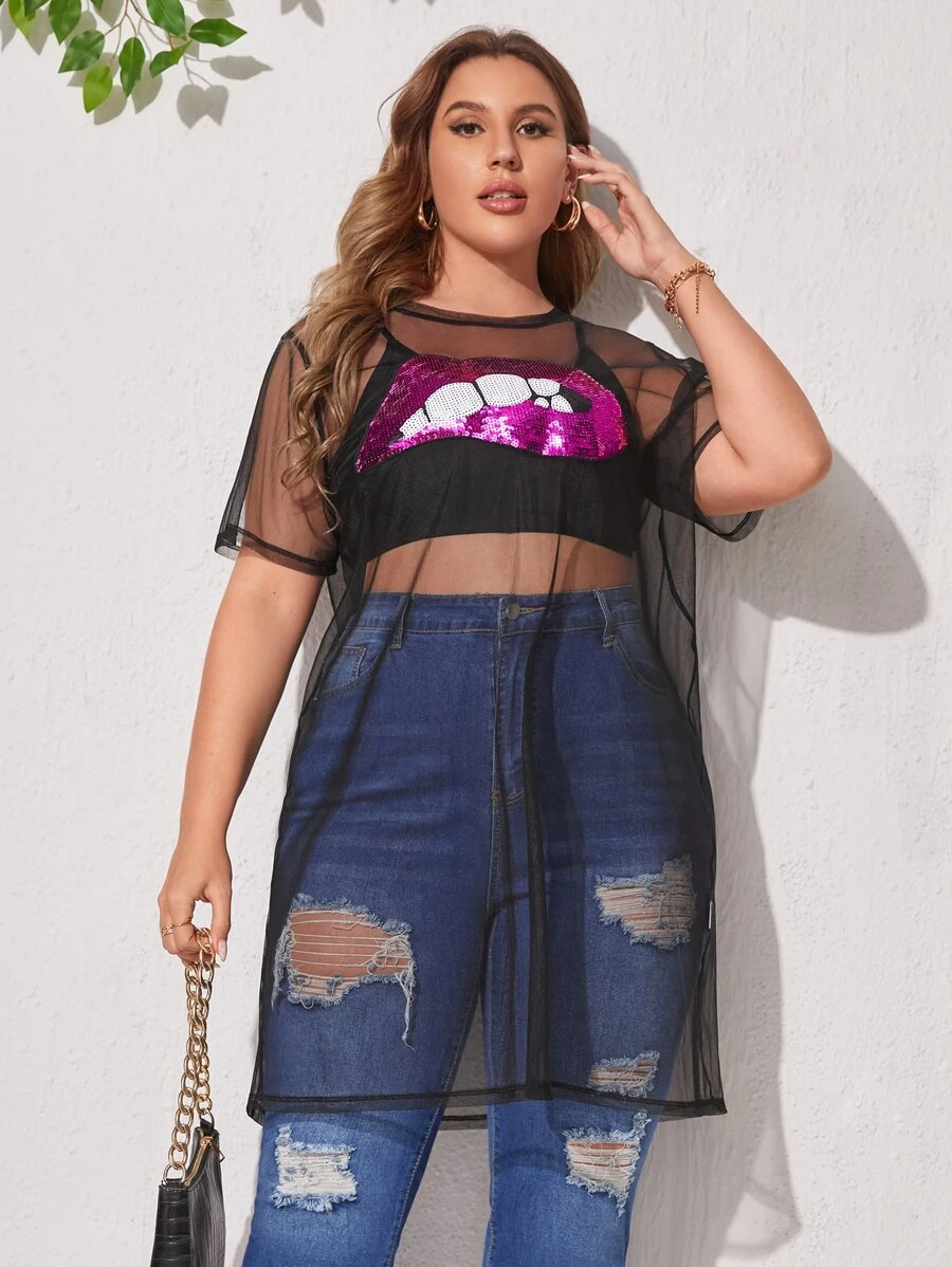 SHEIN Unity Plus Lip Sequin Sheer Mesh Top Without Camisole - Black - View 1