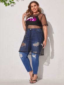 SHEIN Unity Plus Lip Sequin Sheer Mesh Top Without Camisole - Black - View 3