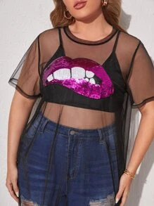 SHEIN Unity Plus Lip Sequin Sheer Mesh Top Without Camisole - Black - View 5
