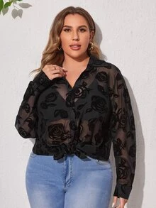 SHEIN Blusa con patrón floral de malla sin sujetador - Negro - Ver 4