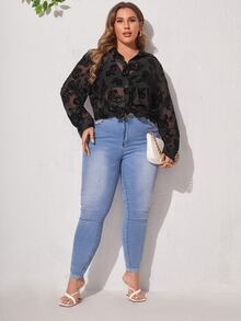 SHEIN Blusa con patrón floral de malla sin sujetador - Negro - Ver 5