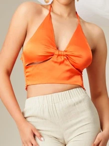 SHEIN BAE Áo hai dây Lộ Lưng Cắt ra Buộc lại xoắn lại Dải chun màu trơn Boho - trái cam - Xem 4