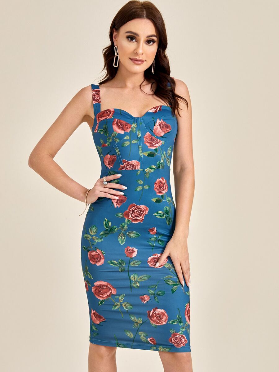 SHEIN Floral Print Bodycon Dress - Multicolor - View 1
