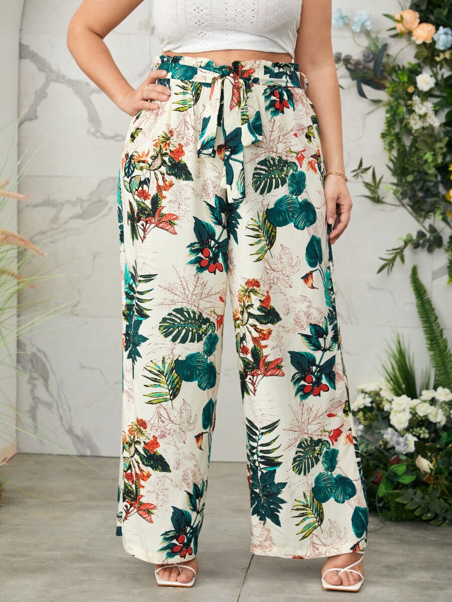 SHEIN VCAY 大碼紙袋腰闊腿熱帶圖案長褲 - 彩色 - 查看 1