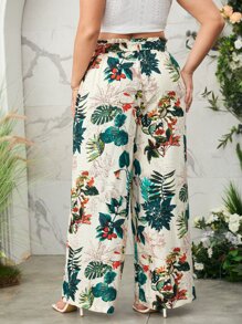 SHEIN VCAY 大碼紙袋腰闊腿熱帶圖案長褲 - 彩色 - 查看 2