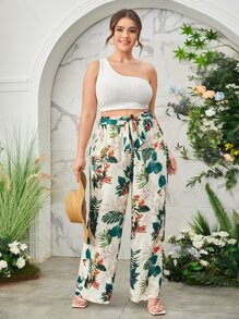 SHEIN VCAY 大碼紙袋腰闊腿熱帶圖案長褲 - 彩色 - 查看 4