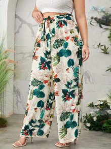 SHEIN VCAY 大碼紙袋腰闊腿熱帶圖案長褲 - 彩色 - 查看 5