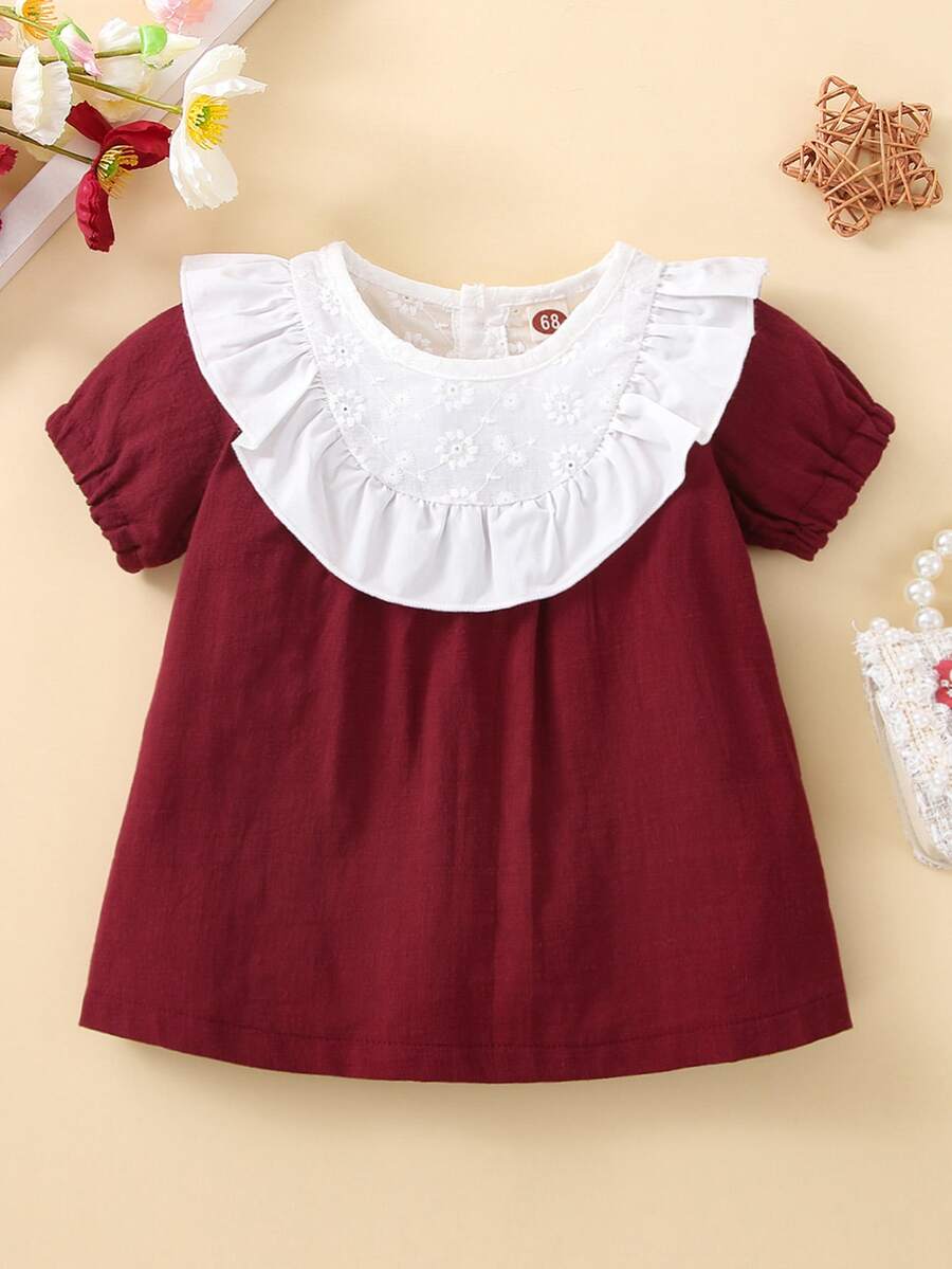 嬰兒荷葉邊網眼刺繡連衣裙 - 紅白色 - 查看 1