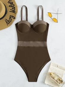 Color Block Push Up One Piece Swimsuit, For Summer Beach Vacation - Mocha Brown - View 7