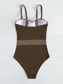 Color Block Push Up One Piece Swimsuit, For Summer Beach Vacation - Mocha Brown - View 4
