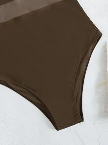 Color Block Push Up One Piece Swimsuit, For Summer Beach Vacation - Mocha Brown - View 3