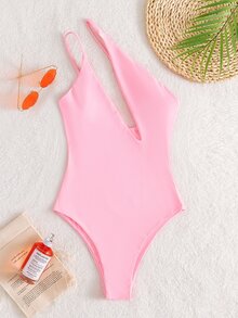Plain Asymmetrical Neck One Piece Swimsuit, For Summer Beach Vacation - Pink - View 6
