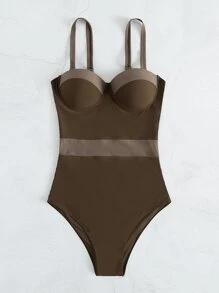 Color Block Push Up One Piece Swimsuit, For Summer Beach Vacation - Mocha Brown - View 5