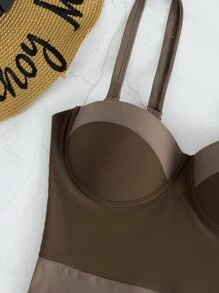 Color Block Push Up One Piece Swimsuit, For Summer Beach Vacation - Mocha Brown - View 6