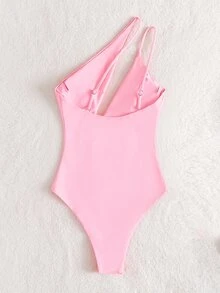 Plain Asymmetrical Neck One Piece Swimsuit, For Summer Beach Vacation - Pink - View 2
