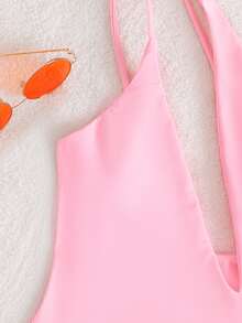 Plain Asymmetrical Neck One Piece Swimsuit, For Summer Beach Vacation - Pink - View 3