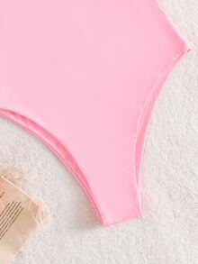 Plain Asymmetrical Neck One Piece Swimsuit, For Summer Beach Vacation - Pink - View 4
