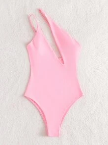 Plain Asymmetrical Neck One Piece Swimsuit, For Summer Beach Vacation - Pink - View 5