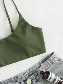 Plain Bikini Top, For Summer Beach Vacation - Olive Green - View 5
