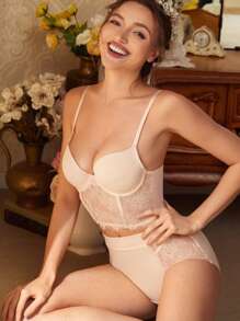 Contrast Lace Underwire Lingerie Set - Apricot - View 1