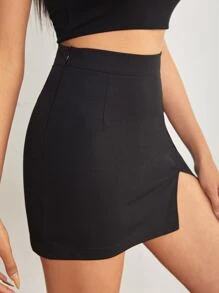 SHEIN x Carly Lawrence SHEIN PETITE High Waist Slit Hem Skirt - Black - View 2