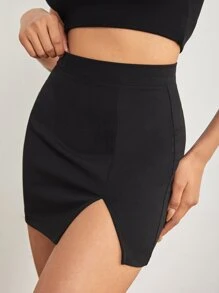 SHEIN x Carly Lawrence SHEIN PETITE High Waist Slit Hem Skirt - Black - View 3