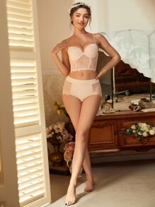 Contrast Lace Underwire Lingerie Set - Apricot - View 5