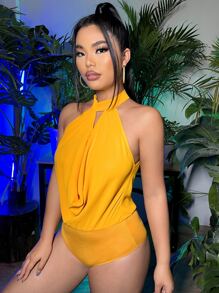 SHEIN SXY Draped Tie Back Bodysuit - Mustard Yellow - View 3
