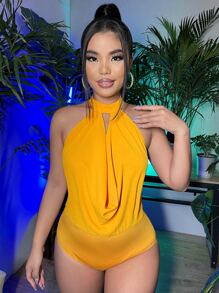 SHEIN SXY Draped Tie Back Bodysuit - Mustard Yellow - View 4